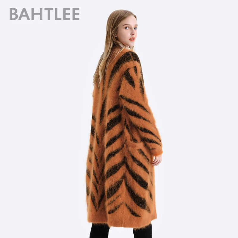 BAHTLEE-Women's Long Cardigans, Angora,Tiger Stripe, Leopard Pattern, Wool Knitted Coat, Open Stitch Jumper, Winter