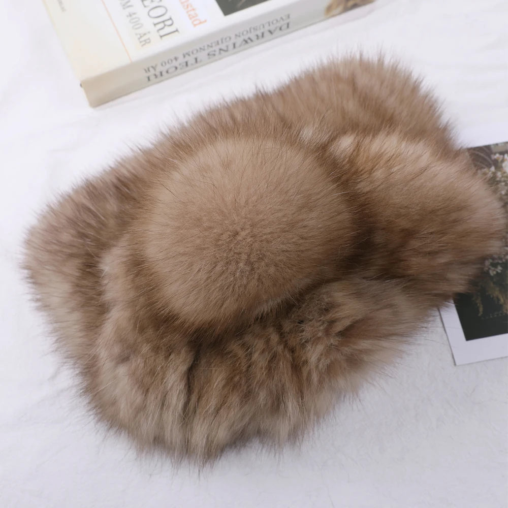Luxyru Women's Winter Knitted 100% Real Sable Fur hat Fur Beanie Russian Mink Fur Cap With Fox Fur Pom Poms Female Warm Thick