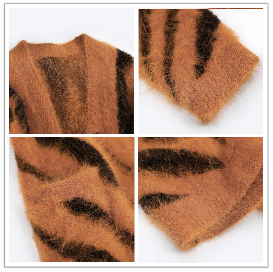 BAHTLEE-Women's Long Cardigans, Angora,Tiger Stripe, Leopard Pattern, Wool Knitted Coat, Open Stitch Jumper, Winter