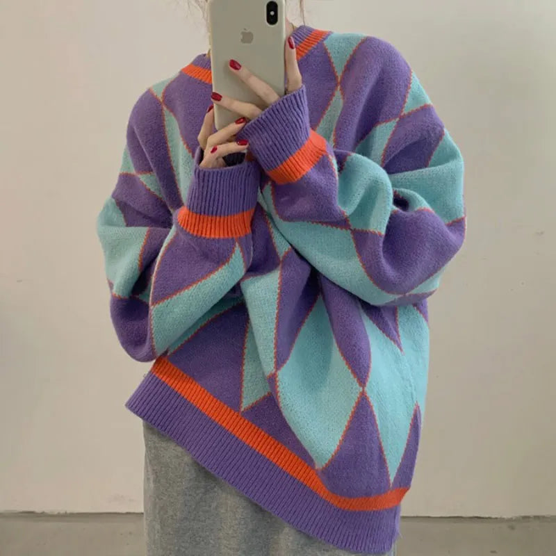 Pullovers Women Jumper Argyle Knitted Sweaters Vintage Sweaters Loose Tops College Style Streetwear Casual Winter Sueter Mujer