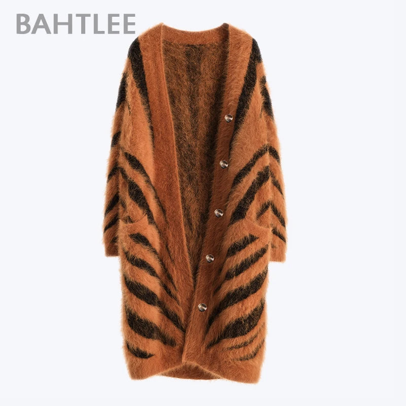 BAHTLEE-Women's Long Cardigans, Angora,Tiger Stripe, Leopard Pattern, Wool Knitted Coat, Open Stitch Jumper, Winter