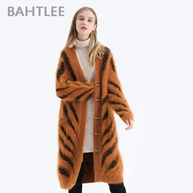 BAHTLEE-Women's Long Cardigans, Angora,Tiger Stripe, Leopard Pattern, Wool Knitted Coat, Open Stitch Jumper, Winter