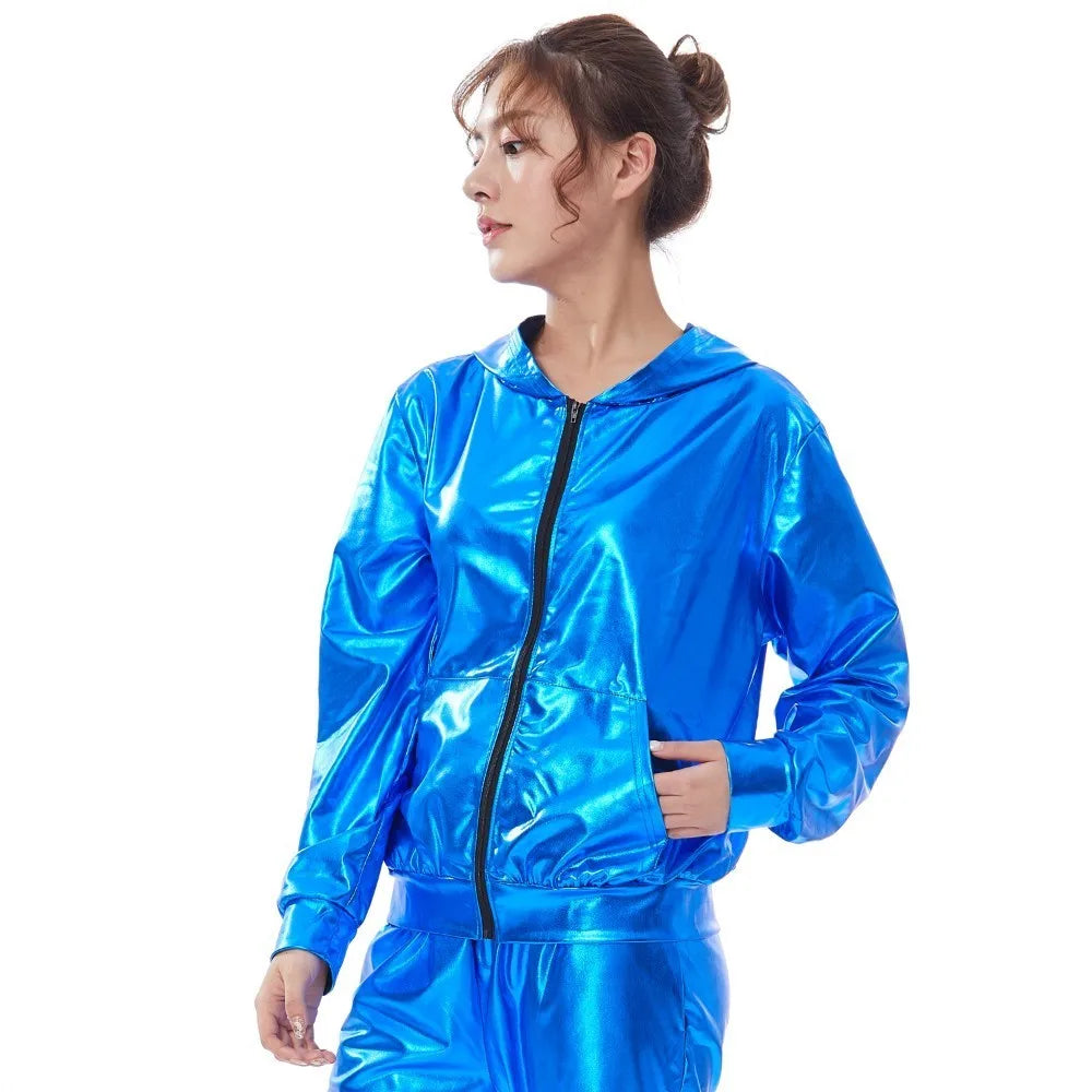 2021 Spring Autumn Kid Audlt Bomber With Pockets Jacket Blue Stage Performance Paillette Feminina Casaco Hip Hop Dance Coat