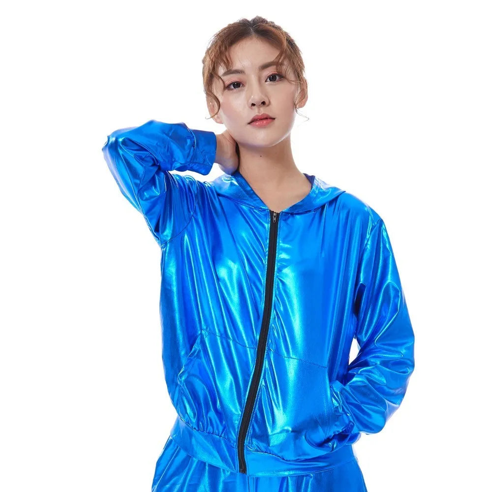 2021 Spring Autumn Kid Audlt Bomber With Pockets Jacket Blue Stage Performance Paillette Feminina Casaco Hip Hop Dance Coat
