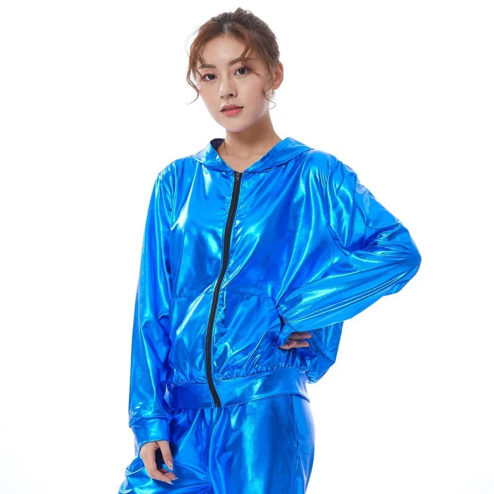 2021 Spring Autumn Kid Audlt Bomber With Pockets Jacket Blue Stage Performance Paillette Feminina Casaco Hip Hop Dance Coat