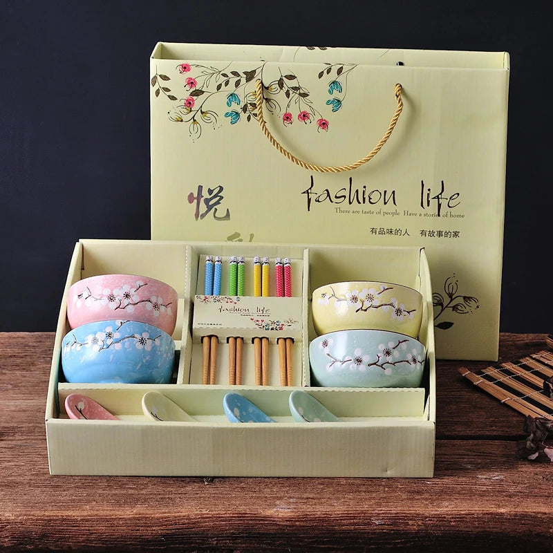 Creative ceramic bowl household tableware 4 bowls chinese gift dinnerware set tableware gift boxes wedding