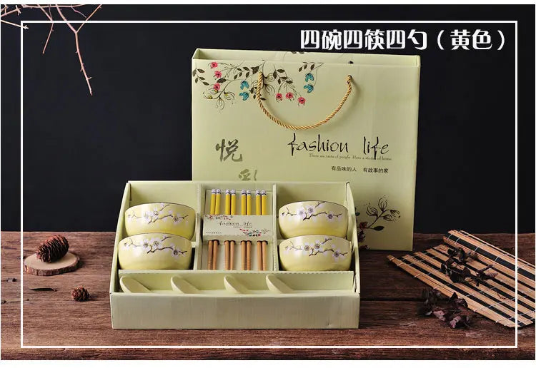 Creative ceramic bowl household tableware 4 bowls chinese gift dinnerware set tableware gift boxes wedding