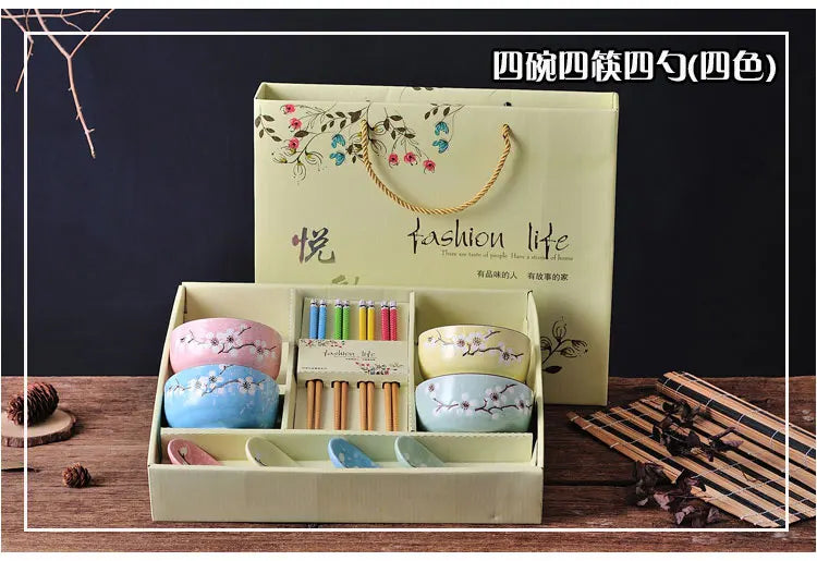 Creative ceramic bowl household tableware 4 bowls chinese gift dinnerware set tableware gift boxes wedding