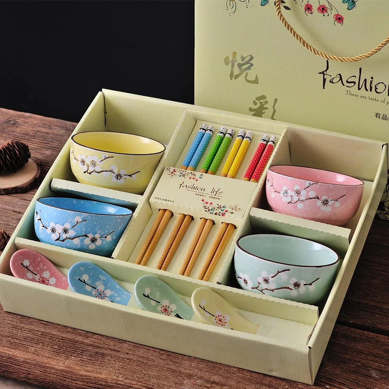 Creative ceramic bowl household tableware 4 bowls chinese gift dinnerware set tableware gift boxes wedding