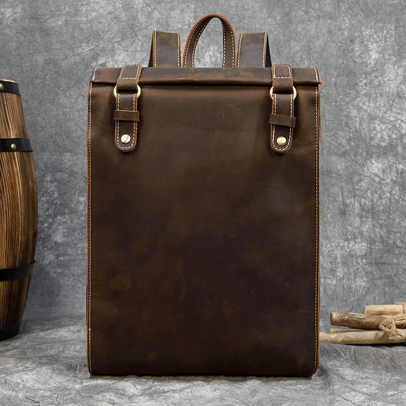 Luufan Men's Retro Crazy Horse Leather Backpack Brown Genuine Leather Rucksack Brown 14 Inch Laptop School Bag