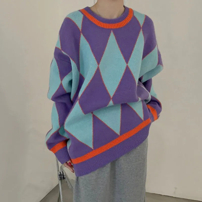 Pullovers Women Jumper Argyle Knitted Sweaters Vintage Sweaters Loose Tops College Style Streetwear Casual Winter Sueter Mujer