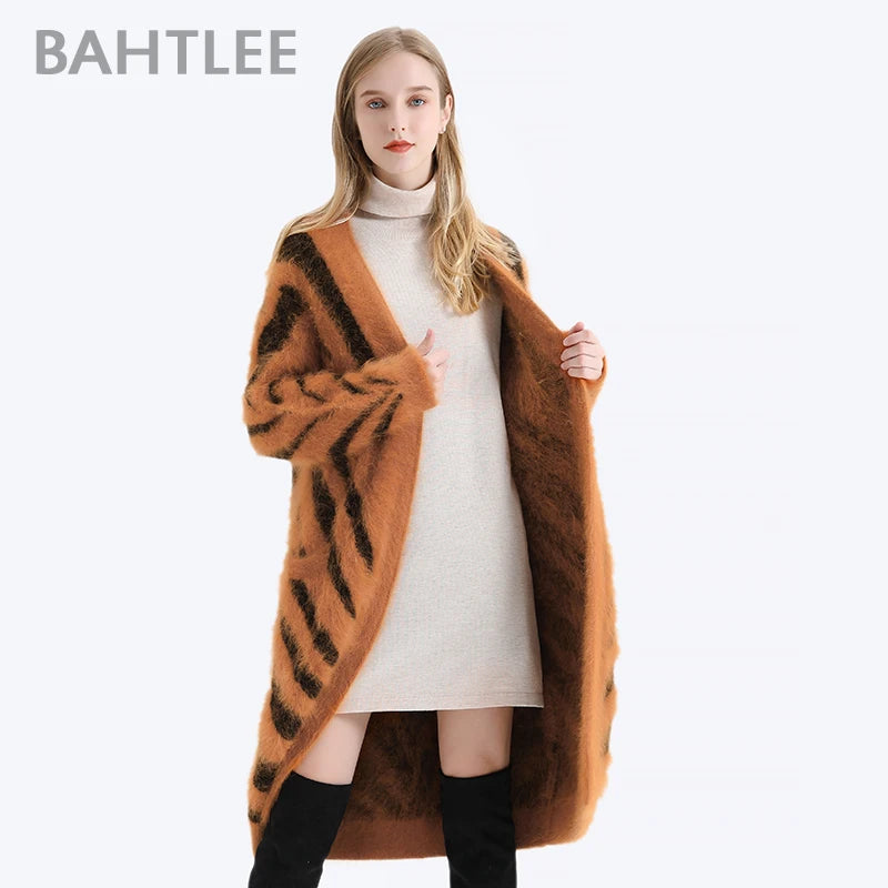 BAHTLEE-Women's Long Cardigans, Angora,Tiger Stripe, Leopard Pattern, Wool Knitted Coat, Open Stitch Jumper, Winter