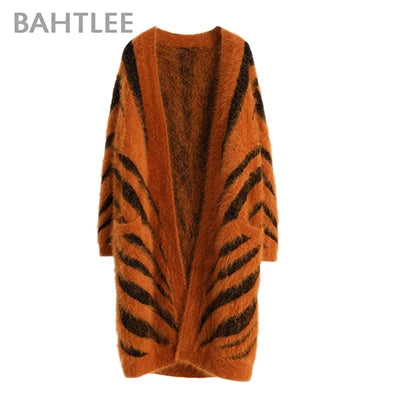 BAHTLEE-Women's Long Cardigans, Angora,Tiger Stripe, Leopard Pattern, Wool Knitted Coat, Open Stitch Jumper, Winter
