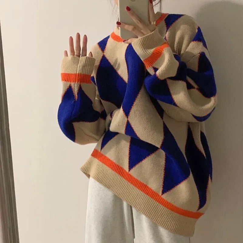 Pullovers Women Jumper Argyle Knitted Sweaters Vintage Sweaters Loose Tops College Style Streetwear Casual Winter Sueter Mujer