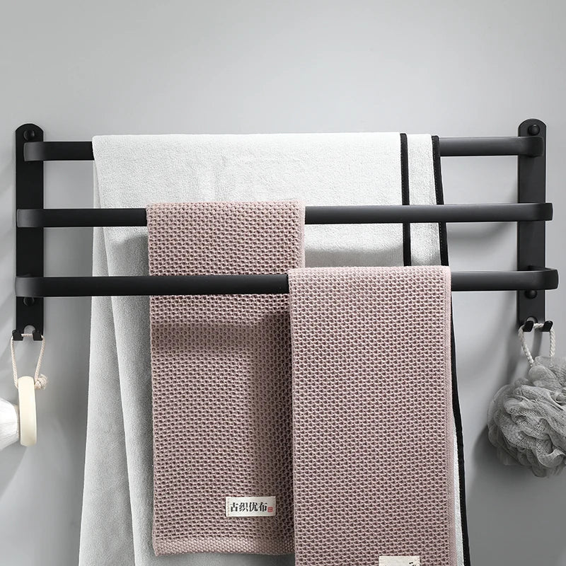 3 Tier Towel Rack with Hook Space Aluminum Towel Holder Storage Organizer Wall Mounted for Bathroom Kitchen Hotel Black