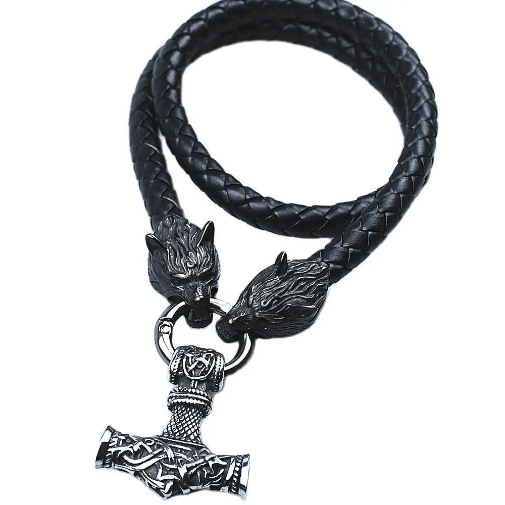 Stainless Steel Black Rune Wolf Head Chain With Thor's Hammer Mjolnir Anchor Pendant Viking Amulet Necklace Male Jewelry