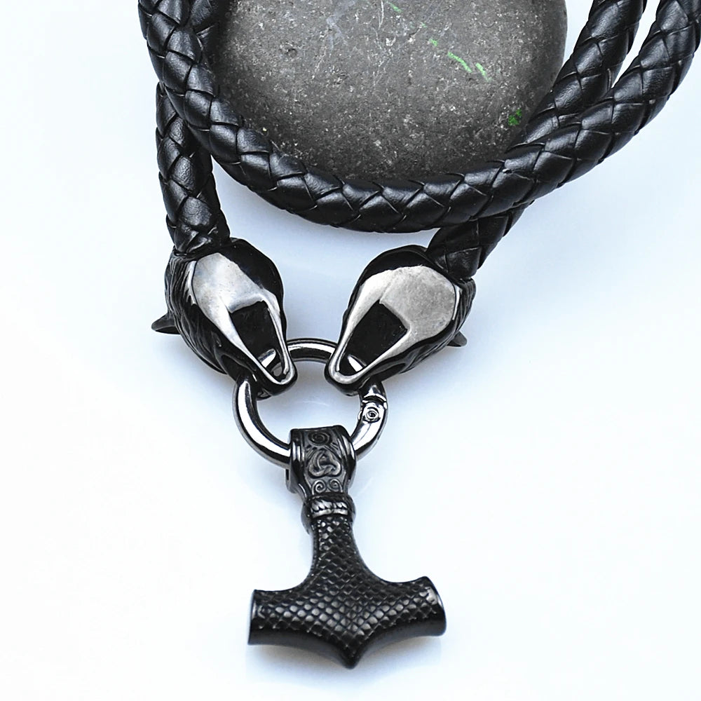 Stainless Steel Black Rune Wolf Head Chain With Thor's Hammer Mjolnir Anchor Pendant Viking Amulet Necklace Male Jewelry