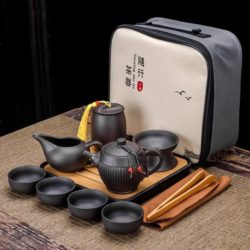 Portable tea pot set Ceramic purple clay teapot One Pot Six Cup Outdoor Travel tea pot porcelain kettle