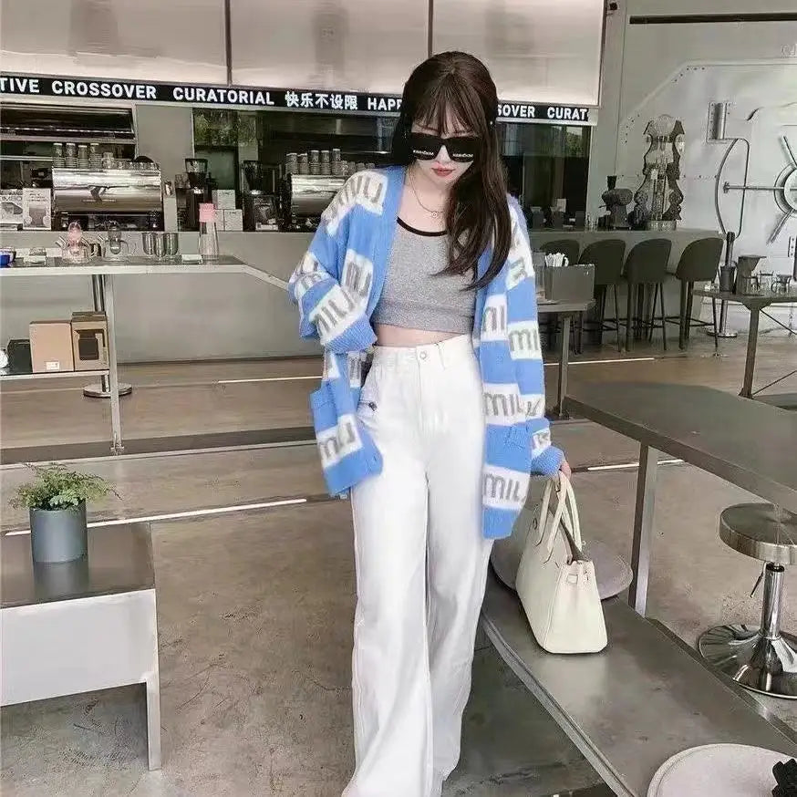New in New Pink Purple Short Knit Sweater Women's Autumn/winter Letter Brand Loose Long-sleeved Knitted Top Cropped Sweate