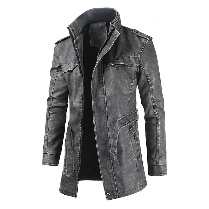 Men Outfit Fashion Warm Casual Vintage Faux Leather Jacket Coat Men Winter Brand New Long Thick Fleece Leather Jacket Parkas