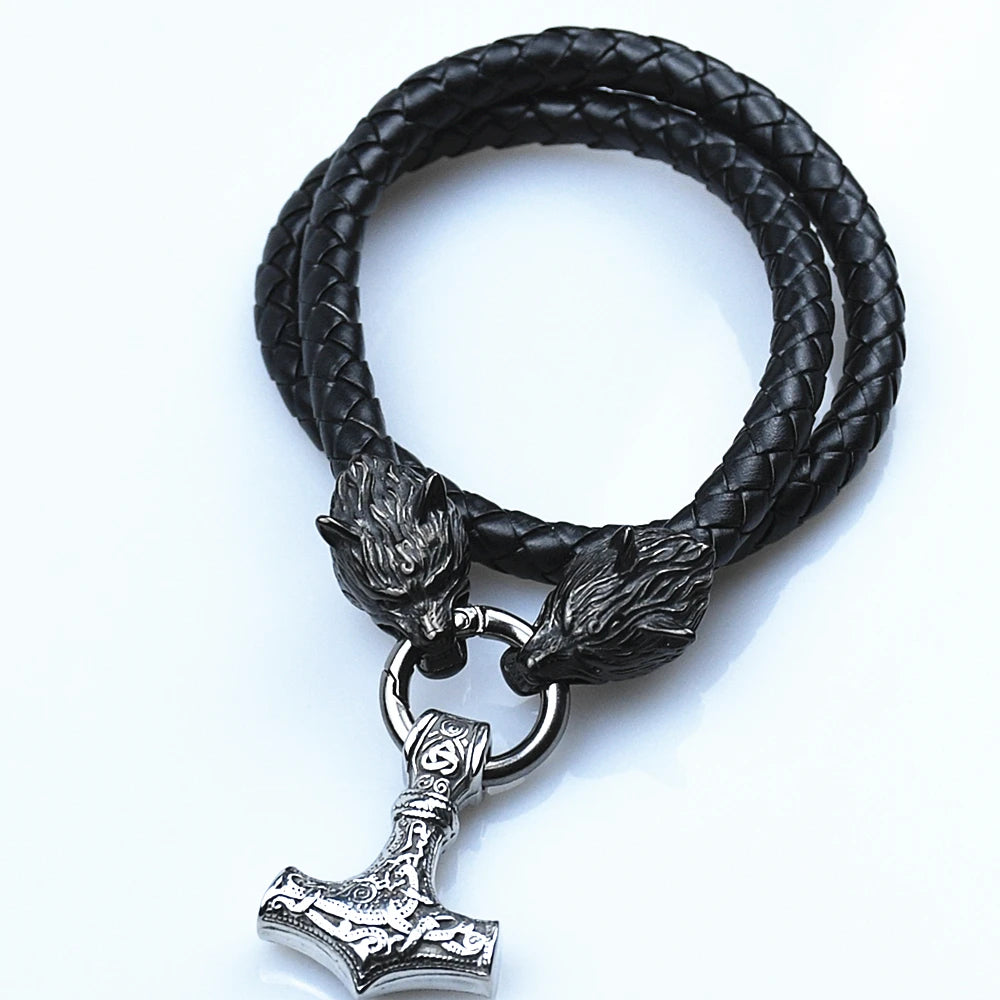 Stainless Steel Black Rune Wolf Head Chain With Thor's Hammer Mjolnir Anchor Pendant Viking Amulet Necklace Male Jewelry