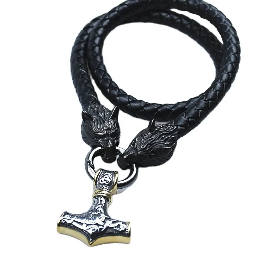Stainless Steel Black Rune Wolf Head Chain With Thor's Hammer Mjolnir Anchor Pendant Viking Amulet Necklace Male Jewelry