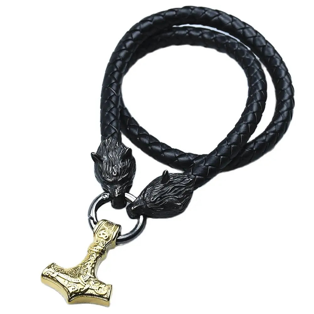 Stainless Steel Black Rune Wolf Head Chain With Thor's Hammer Mjolnir Anchor Pendant Viking Amulet Necklace Male Jewelry