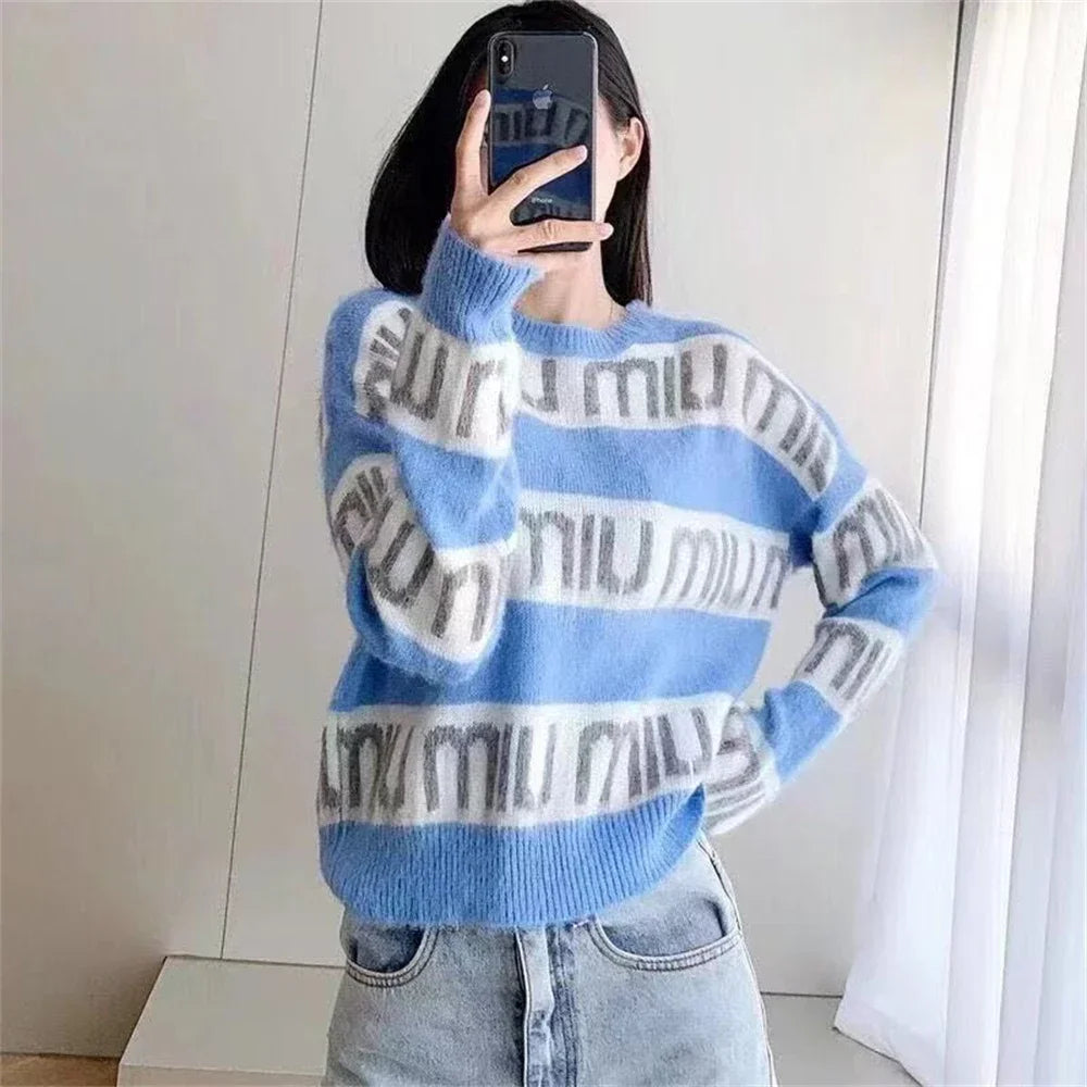 New in New Pink Purple Short Knit Sweater Women's Autumn/winter Letter Brand Loose Long-sleeved Knitted Top Cropped Sweate
