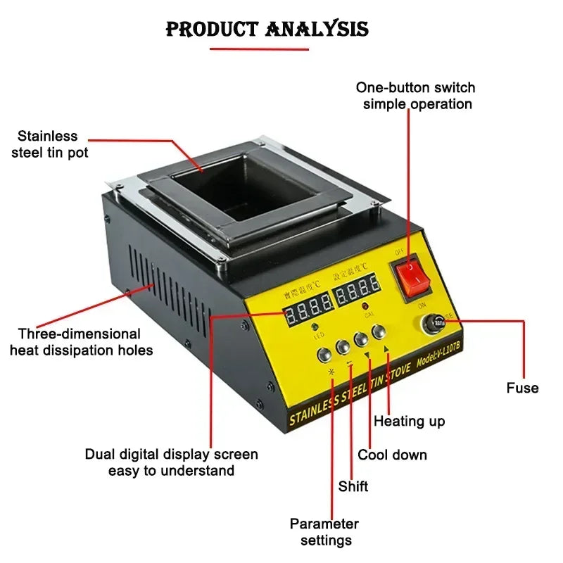 110V/220V Tin Melting Pot Solder Tin Pot Tin Melting Furnace Thermoregulation Soldering Desoldering Bath 30~400 Degree Ajustable