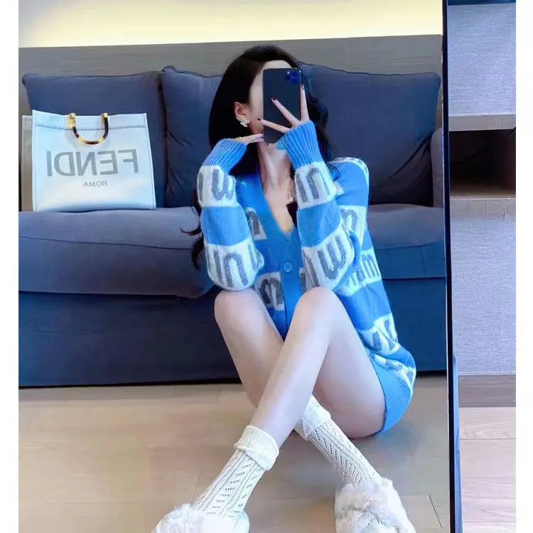 New in New Pink Purple Short Knit Sweater Women's Autumn/winter Letter Brand Loose Long-sleeved Knitted Top Cropped Sweate