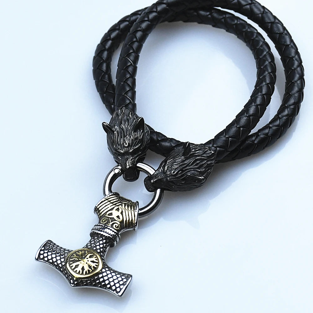 Stainless Steel Black Rune Wolf Head Chain With Thor's Hammer Mjolnir Anchor Pendant Viking Amulet Necklace Male Jewelry