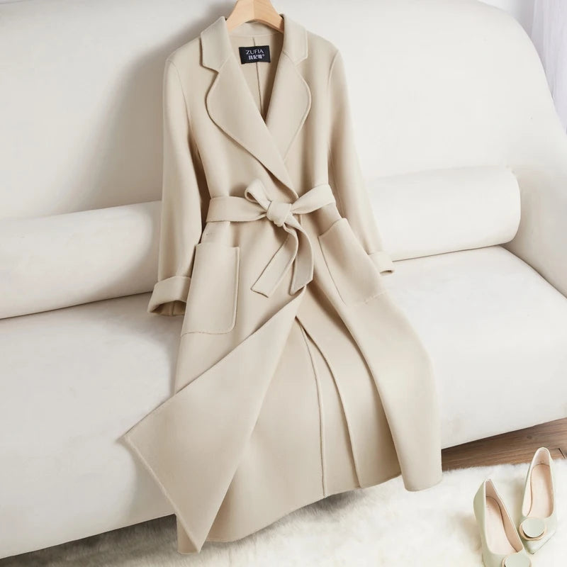 White Belt Double-sided Cashmere Coat Women's 2024 New Fashion Temperament Winter Slim Wool Coat Solid Female Long Windbreaker