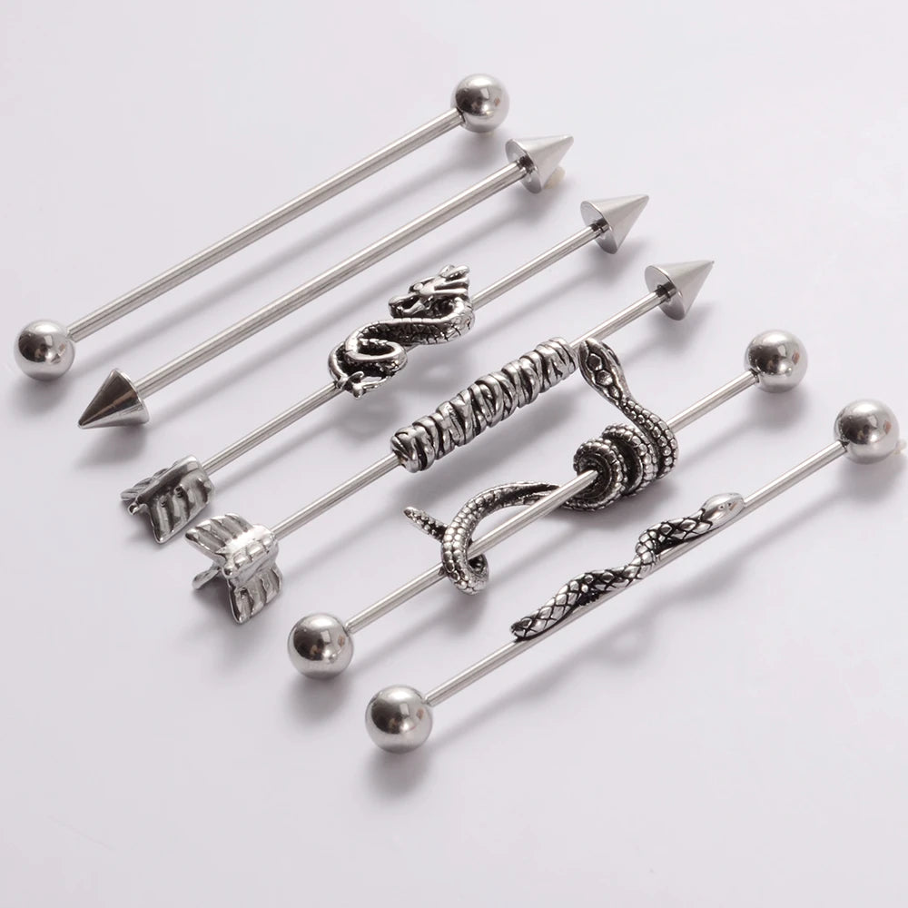 1Pcs Surgical Steel Punk Snake Industrial Barbell Ring Arrow Cone Straight Barbell Ring Cartilage Earring Helix Body Jewelry