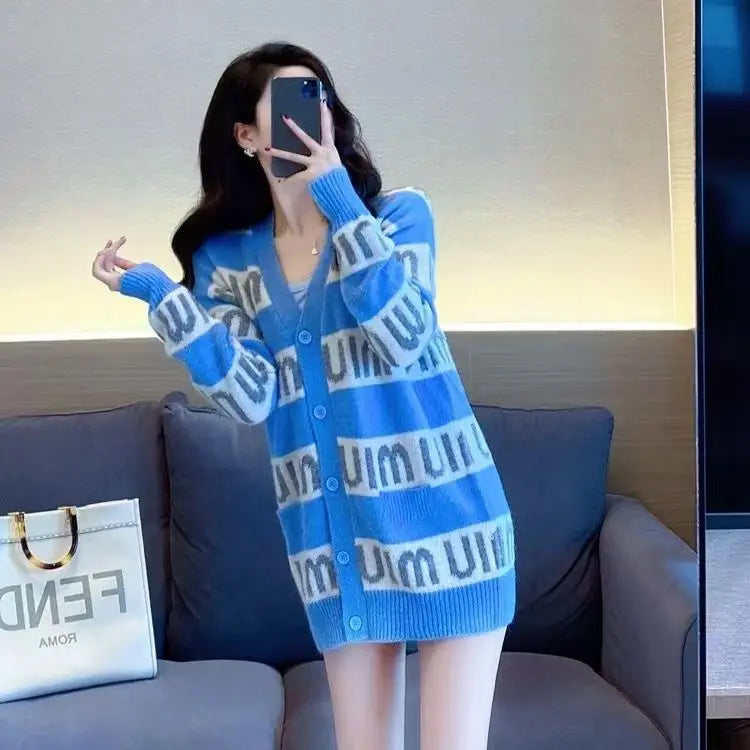 New in New Pink Purple Short Knit Sweater Women's Autumn/winter Letter Brand Loose Long-sleeved Knitted Top Cropped Sweate