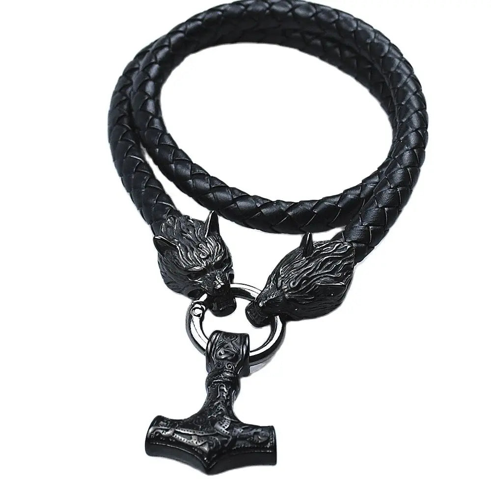 Stainless Steel Black Rune Wolf Head Chain With Thor's Hammer Mjolnir Anchor Pendant Viking Amulet Necklace Male Jewelry