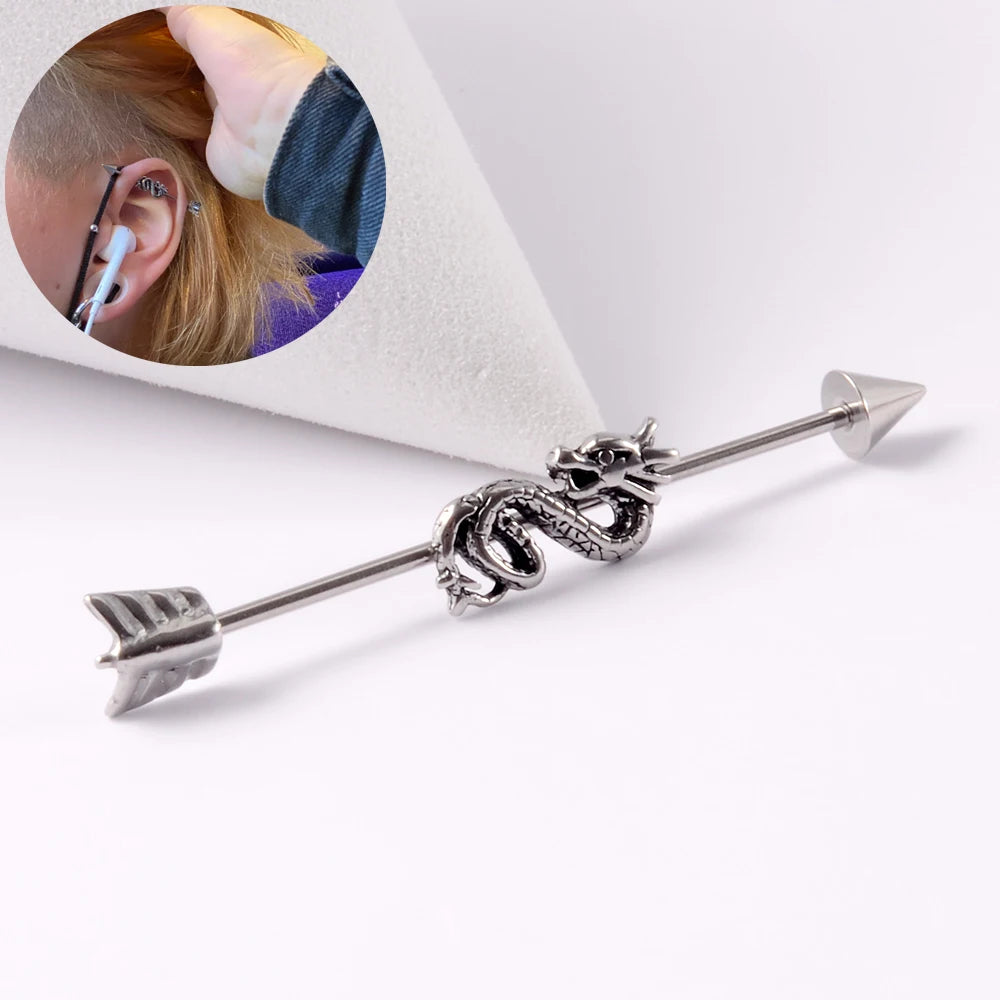 1Pcs Surgical Steel Punk Snake Industrial Barbell Ring Arrow Cone Straight Barbell Ring Cartilage Earring Helix Body Jewelry