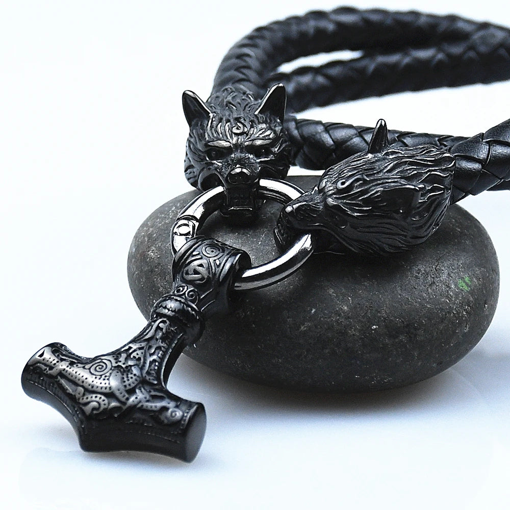 Stainless Steel Black Rune Wolf Head Chain With Thor's Hammer Mjolnir Anchor Pendant Viking Amulet Necklace Male Jewelry