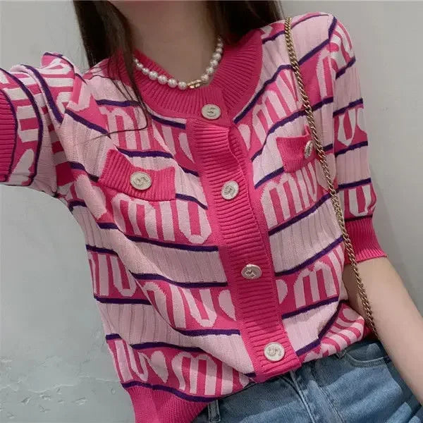 New in New Pink Purple Short Knit Sweater Women's Autumn/winter Letter Brand Loose Long-sleeved Knitted Top Cropped Sweate