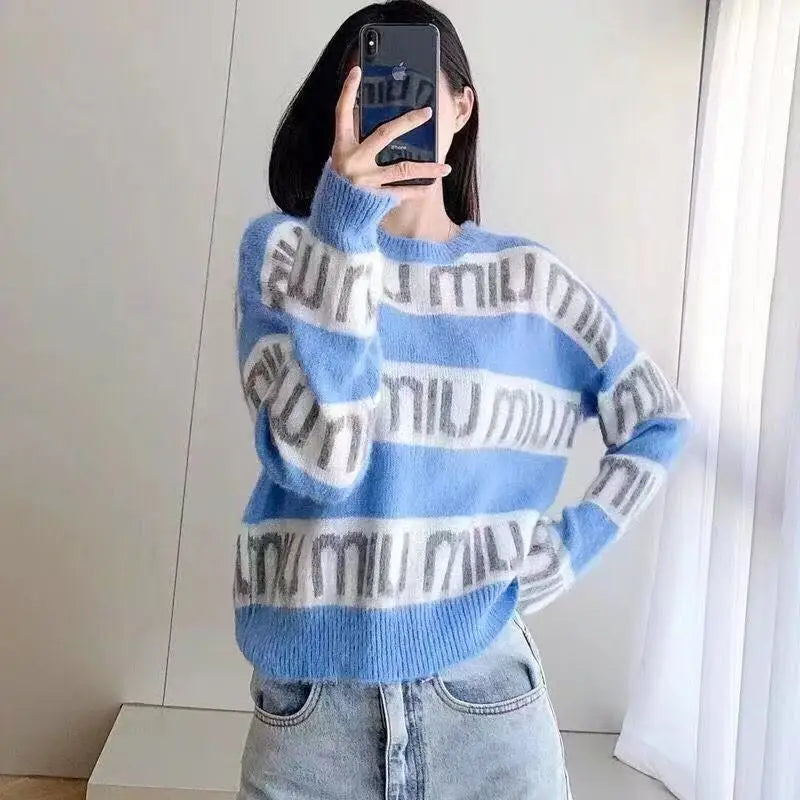 New in New Pink Purple Short Knit Sweater Women's Autumn/winter Letter Brand Loose Long-sleeved Knitted Top Cropped Sweate