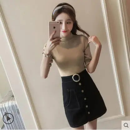 2020 Newest Women's Cashmere Turtleneck Short Sleeve Knitted Pullover Tee Base Sweater Women Jumper Sexy Turtleneck Tops