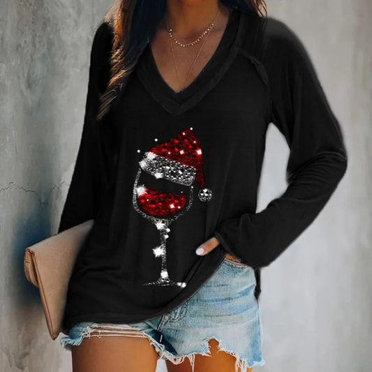 2020 Christmas Party Club T-shirt Fashion Womens Casual Loose V-Neck Red Wine Glass Print Long-Sleeve Female Pullovers Tees Tops