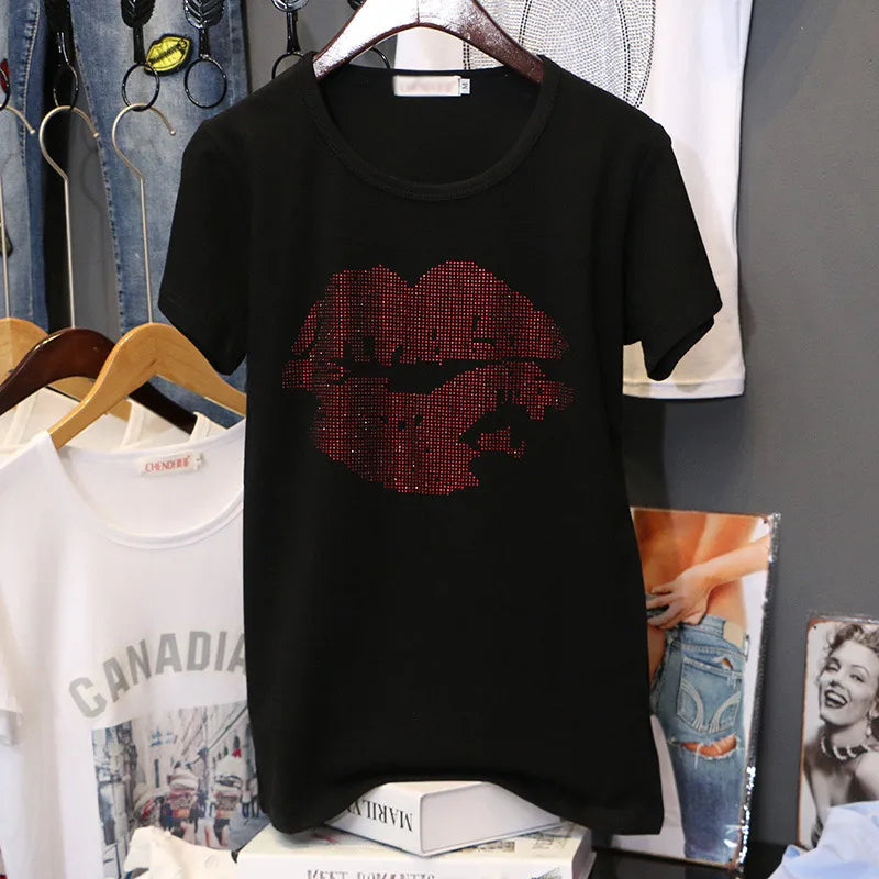 Loose cotton Hot drilling black T-shirts women short sleeve summer new Breathable Korean version Tees 2022 diamonds Trend Tops