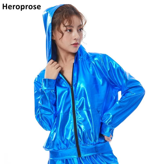 2021 Spring Autumn Kid Audlt Bomber With Pockets Jacket Blue Stage Performance Paillette Feminina Casaco Hip Hop Dance Coat