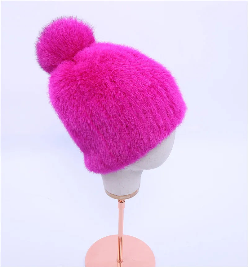 100% real mink fur hat women winter knitted mink fur beanies cap with fox fur pom poms 2017 brand new thick female cap Elastic