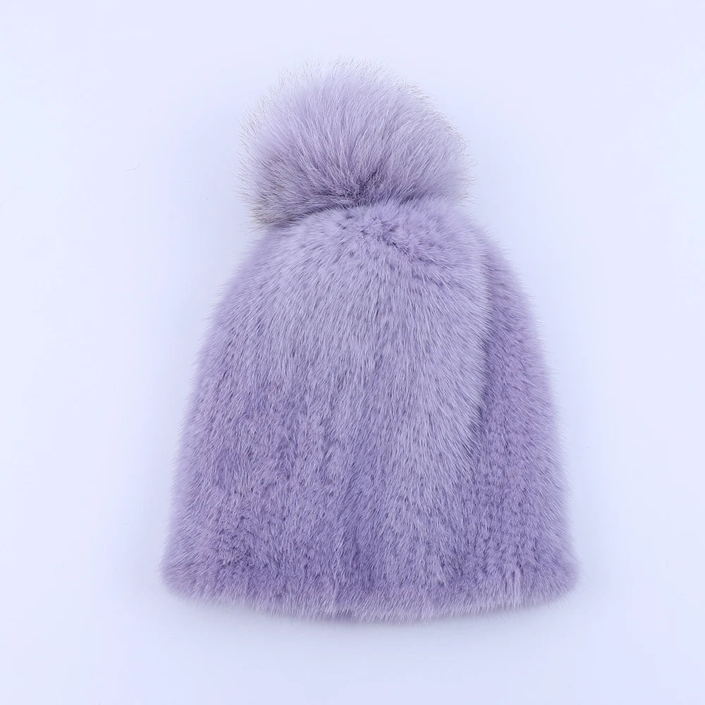 100% real mink fur hat women winter knitted mink fur beanies cap with fox fur pom poms 2017 brand new thick female cap Elastic