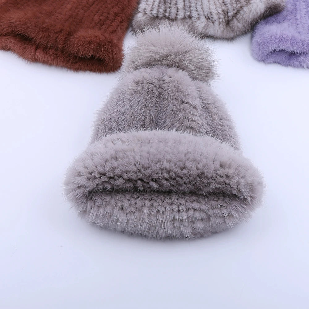 100% real mink fur hat women winter knitted mink fur beanies cap with fox fur pom poms 2017 brand new thick female cap Elastic
