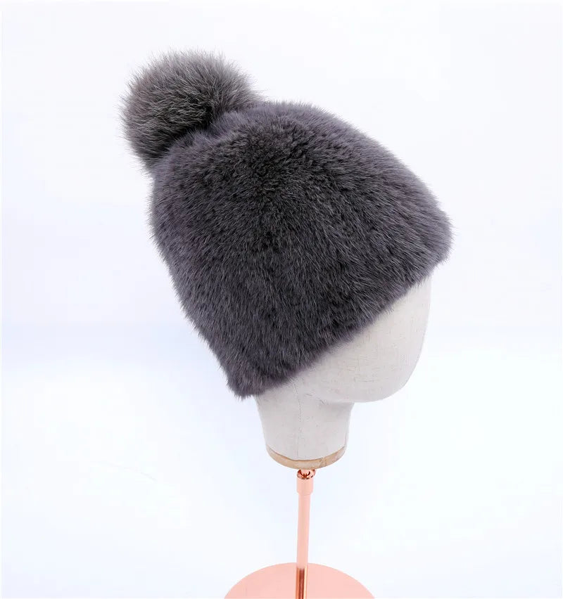 100% real mink fur hat women winter knitted mink fur beanies cap with fox fur pom poms 2017 brand new thick female cap Elastic