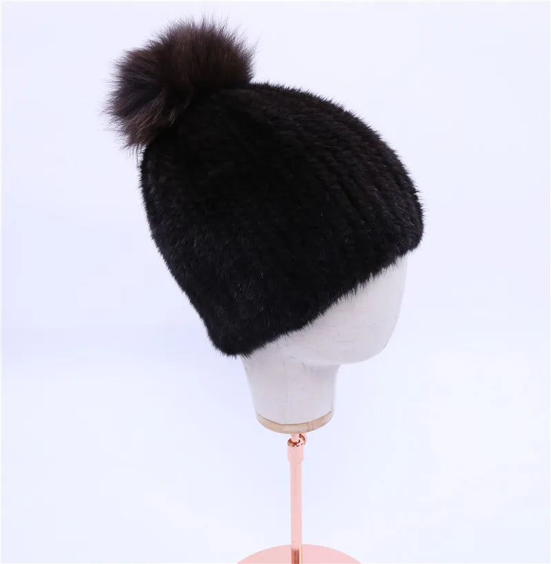 100% real mink fur hat women winter knitted mink fur beanies cap with fox fur pom poms 2017 brand new thick female cap Elastic