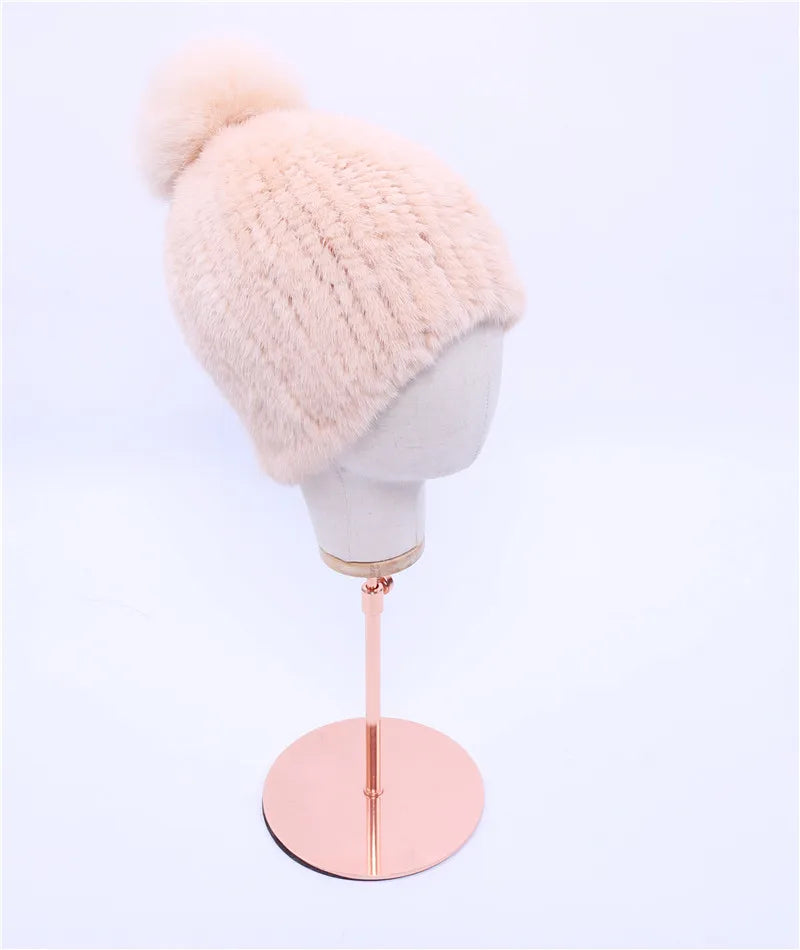 100% real mink fur hat women winter knitted mink fur beanies cap with fox fur pom poms 2017 brand new thick female cap Elastic