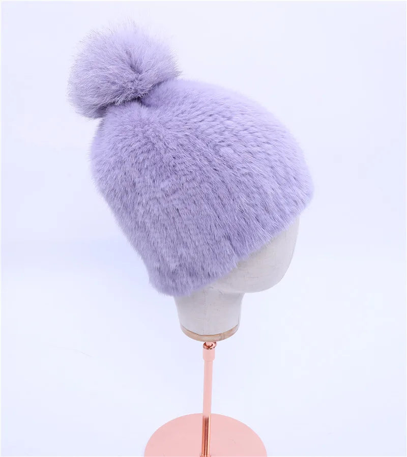 100% real mink fur hat women winter knitted mink fur beanies cap with fox fur pom poms 2017 brand new thick female cap Elastic